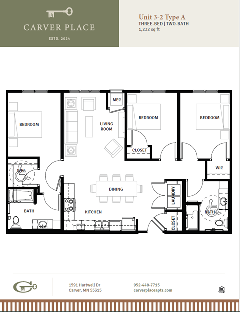 Floor plan for studio, 1232 sqft